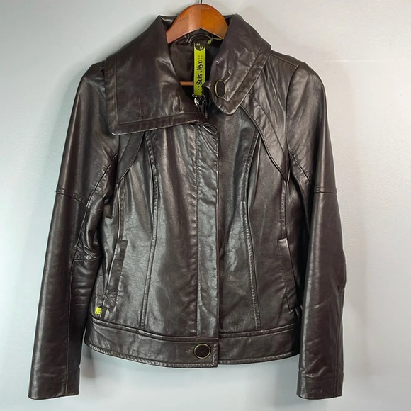 SOIA & KYO Leather Jacket Dark Chocolate Brown Tailored Zip Large Collar Size M - Picture 13 of 13